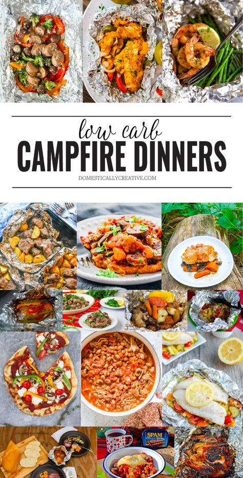 These low carb campfire dinners are so easy to make and most of them can be made up ahead of time for a simple no fuss dinner while camping #lowcarbcamping #campfiredinner #campingmeals #campingdinners #campingfood #campingrecipes #lowcarbcampingrecipes #domesticallycreative Keto Campfire Meals, Keto Camping Dinner, Low Carb Campfire Meals, Make Ahead Foil Packets For Camping, Hiking Dinner Ideas, Tin Foil Camping Meals, Keto Camping Meals Make Ahead, Camping Meals Easy Make Ahead Healthy, Campfire Meals Dinner