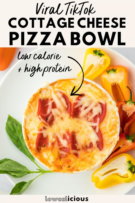 This viral TikTok Cottage Cheese Pizza Bowls recipe is a high protein, low calorie meal made with just a few ingredients. This healthy recipe can be made in 5 minutes. Serve it with raw vegetables like mini sweet peppers as a dip, eat it with a spoon, or make some crostini with keto bread! It makes a great healthy lunch that’s easy to make and is great for meal prep. Healthy cottage cheese recipe from @lowcalicious - visit lowcalicious.com for more delicious low calorie recipes. No Bread Recipes, Cottage Cheese Bowl Pizza, Cottage Pizza Bowl, High Protein Cottage Cheese Pizza Bowl, Keto Cottage Cheese Pizza Bowl, Viral Cottage Cheese Pizza Bowls, Keto Pizza Bowl With Cottage Cheese, Ww Cottage Cheese Bowls, High Protein Low Calorie Snacks Easy Recipes