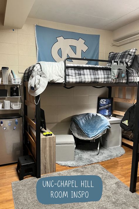 UNC-Chapel Hill room inspiration for future Tar Heels!! #CarolinaHousing #UNCRoomInspo Unc Dorm, Dorm Room Setup, Dorm Room Decorations, Unc Chapel Hill, Tar Heel, Residence Hall, Dorm Room Inspiration, Studio Room, Tar Heels