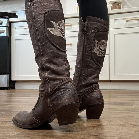 Vintage Brown leather western cowboy boots with... - Depop Vintage Color, Western Cowboy Boots, Western Cowboy, Vintage Brown, Vintage Colors, Embroidered Flowers, Shoes Heels Boots, High Boots, Cowboy Boots