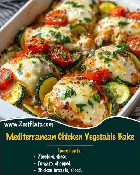 Mediterranean Kitchen Recipes | Mediterranean Chicken Vegetable Bake | Facebook Mediterranean Chicken Breast Recipes, Mediterranean Chicken Breast, Chicken Zucchini Bake, Chicken And Vegetable Bake, Mediterranean Chicken Recipes, Vegetable Bake, Recipes Mediterranean, Mediterranean Cooking, Mediterranean Diet Recipes Dinners