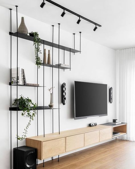 Living Room Tv Stand Decor, Ceiling Mounted Shelves, Modern Living Room Tv Wall, Tv Wall Mounted, Modern Living Room Tv, Storage Solutions For Small Spaces, Tv Wall Shelves, Vertikal Garden, Shelf Decor Living Room