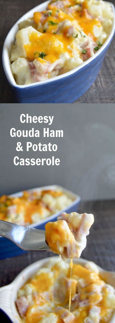 Potluck, Freezer Meal, Comfort Food!  Melty Gouda Cheese wrapped around potatoes and ham gives warmth and satisfaction in every bite! via @westviamidwest Ham Potato Casserole, Cheesy Ham And Potato Casserole, Ham And Potato Casserole, Potatoes And Ham, Tailgating Food, Cheesy Ham, Ham Potato, Ham Casserole, Potato Cheese