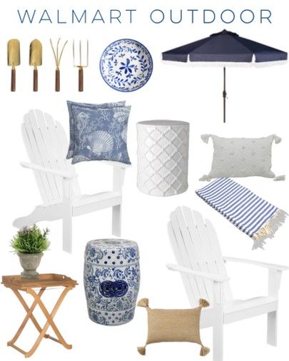 Blue Patio Decorating Ideas, Navy Blue Outdoor Furniture, Light Blue Patio Decor, Blue And White Patio Decor, Around Pool Decor, Navy Patio Decor, Blue And White Patio Ideas, Navy Blue Patio Decor, Grandmillenial Patio