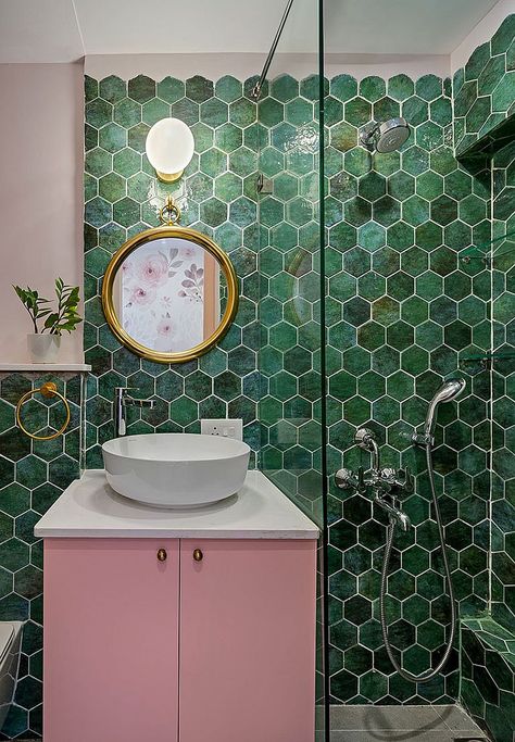 Contemporary bathroom with hexagonal wall tiles in different shades of green and a smashing pink vanity - Decoist Green And Pink Bathroom, Pastel Bathroom, Green Tile Bathroom, Bathroom Big, Teal Bathroom, Pink Vanity, Architectural Firm, Downstairs Bathroom, Bathroom Trends