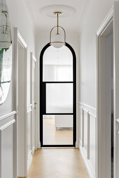 Arch Glass Door Interior, Arch Hallway Ideas, Glass Doors Interior Modern Hallways, Arched Steel Doors, Fireplace Between 2 Doors, Fluted Glass Arch Door, Glass Hallway Door, Arch Bedroom Door, Glass Door Hallway