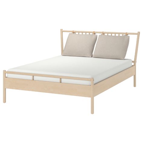 BJÖRKSNÄS Bed frame, birch, Luröy, King. Natural materials such as birch and leather, and fine carpentry details create a neat and airy look. This bed frame is part of our BJÖRKSNÄS collection with roots in Scandinavian craftsmanship tradition. Björksnäs Bed, Birch Veneer, Batumi, Material Bed, Ikea Family, Bed Slats, Bed Base, World Of Interiors, Adjustable Beds