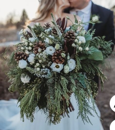 Fir Wedding Bouquet, Peony Winter Wedding Bouquet, Winter Greenery Wedding Bouquet, Winter Wedding Bouquet With Pinecones, Evergreen Bridal Bouquet, Black And Green Winter Wedding, Pine Tree Centerpiece Wedding, Winter Wedding Bouquets Bride, Pine Wedding Bouquet