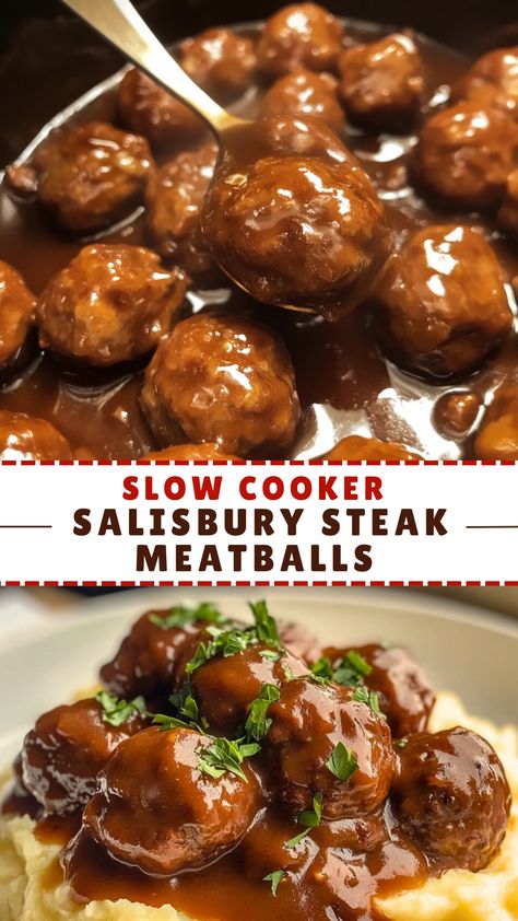 Slow Cooker Salisbury Steak Meatballs Meatball Recipes With Mashed Potatoes, Meatball With Mashed Potatoes, Crockpot Salisbury Steak Meatballs, Salisbury Meatballs Crockpot, Meatballs Over Mashed Potatoes, Meatball Dinner Ideas, Beef With Gravy, Salisbury Meatballs, Flaxseed Egg