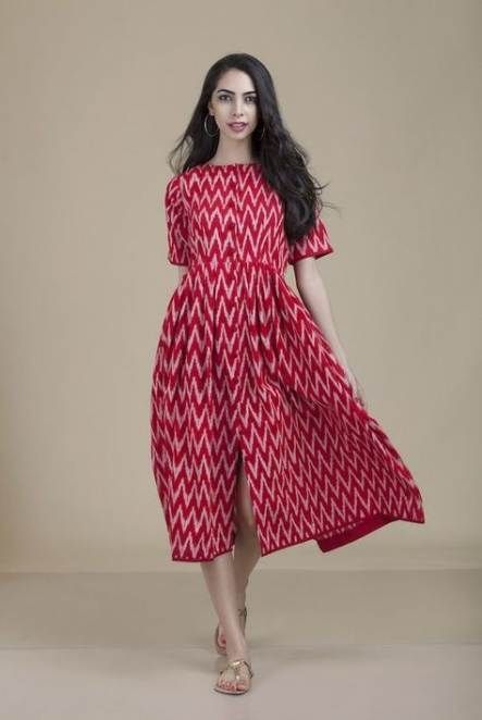 be53ee61104935234b174e62a07e53cfdesc45217803ri Kalamkari Dresses, Ikkat Dresses, Tenun Ikat, Casual Frocks, Ikat Dress, Simple Kurti Designs, Frock For Women, Frock Dress, Cotton Kurti Designs