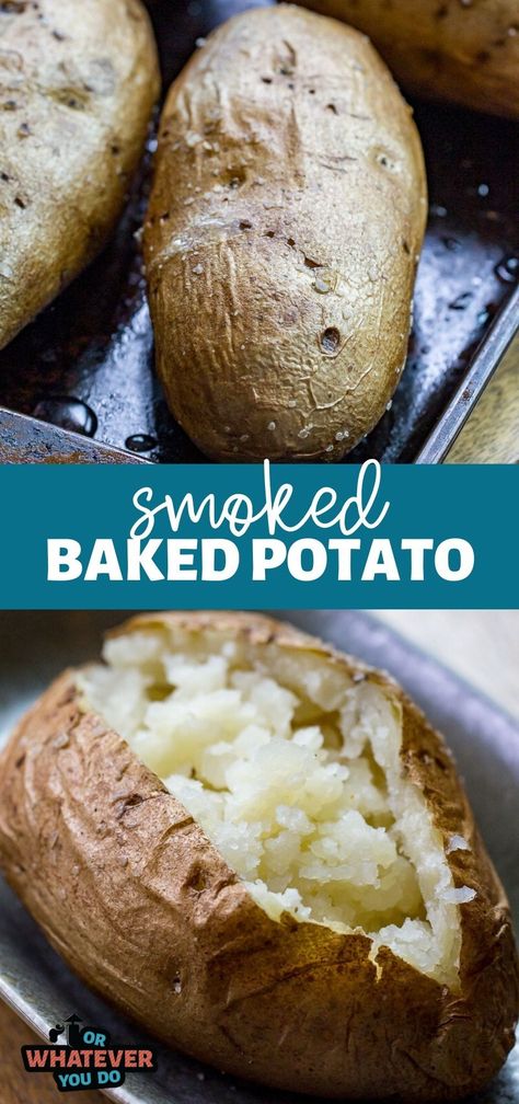 Easy Baked Potatoes, Best Baked Potatoes, Grilled Baked Potatoes, Smoked Baked Potatoes, Traeger Cooking, Recipes Potatoes, Pellet Smoker Recipes, Smoked Potatoes, Baked Potato Recipe