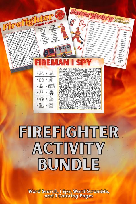 Firefighter Activity, Birthday Firefighter, Fireman Birthday, Activity Sheets For Kids, Fire Fire, Word Scramble, Word Bank, Coloring Activity, Fire Safety