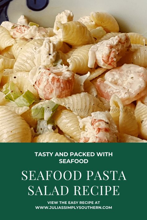 Seafood Pasta Salad Recipe is a favorite side dish for sharing at family meals and gatherings. Pasta with your favorite seafood like shrimp, crab and lobster in a creamy dressing. #pastasalad #seafoodpastasalad #shrimp #lobster #crab #southernfood #southernrecipes #juliassimplysouthern #familydinnerideas #potluckrecipes Seafood Pasta Salad, Seafood Pasta Salad Recipe, Creamy Seafood Pasta, Crab Pasta Salad, Seafood Salad Pasta, Lobster Pasta, Crab Pasta, Sea Food Salad Recipes, Salad Pasta