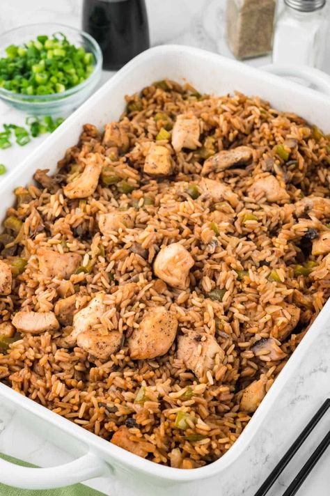 Oven Baked Chicken Fried Rice - Simply Stacie Chinese Rice Casserole, Baked Chicken Fried Rice, Cooked Chicken Leftovers, Rice In The Oven, Greek Chicken Salad, Simply Stacie, Freezing Food, Chicken Fried Rice Recipe, Better Than Takeout