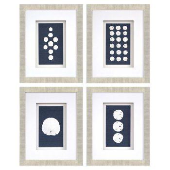 Authentic sand dollars are mounted onto blue sisal grasscloth, giving the Paragon Sand Dollars Framed Wall Art - Set of 4 its natural beauty. Each piece in this four-piece set is beautifully matted and framed in a natural colored shadow box behind glass. For a dramatic display, style these four framed art pieces together as a square or in a row. Pansy Shell, Sand Dollar Art, Blue Framed Art, Coral Design, Sand Dollars, Shadow Box Art, Sand Dollar, Shell Art, Art Print Set