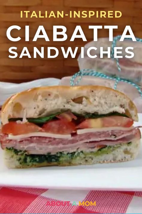 Easy and delicious Italian ciabatta sandwiches: ideal for a picnic lunch. Pesto, salami, ham, and more in every bite! Pesto Salami Sandwich, Pesto Ham Sandwich, Sandwiches On Ciabatta Bread, Ciabatta Sandwich Recipes, Ciabatta Sandwiches, Italian Ham, Homemade Bolognese Sauce, Salami Sandwich, Homemade Bolognese