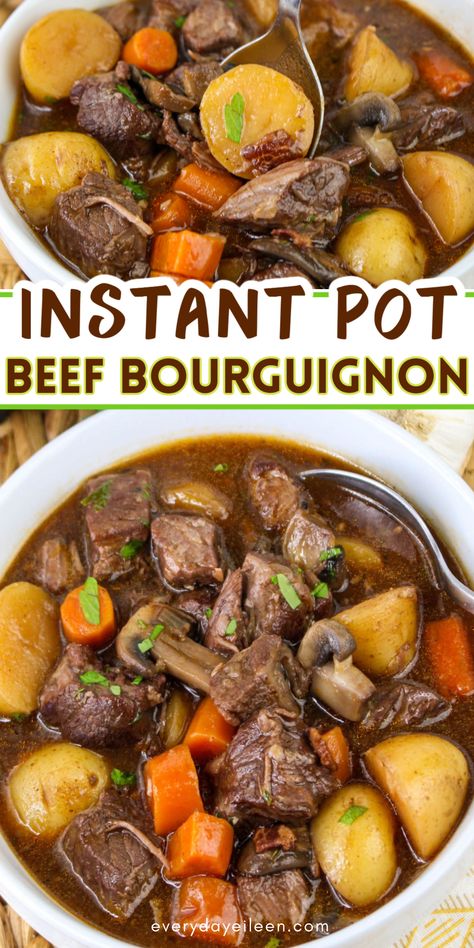 Instant Pot Beef Bourguignon takes the classic French recipe  and simplifies it to be made in the pressure cooker for the most tender and juicy beef. The beef and vegetables are cooked with a red wine sauce for a delicious dinner. Perfect for any day and great for a special dinner. Instant Pot Beef Bourguignon, Savory Meals, Potted Beef, Slow Cook, Holiday Meal, Easy Instant Pot Recipes, Instapot Recipes, Instant Pot Pressure Cooker, Sweet And Savory