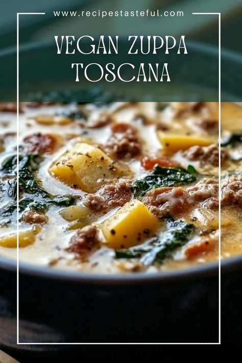 A hearty and flavorful vegan version of the classic Italian soup, Zuppa Toscana, packed with vegetables, vegan sausage, and creamy goodness. Zuppa Toscana Vegan, Tuscan Soup Vegan, Hearty Vegan Soup, Vegan Italian Sausage Recipe, Vegan Zuppa Toscana Soup, Soup Zuppa Toscana, Vegan Zuppa Toscana, Zuppa Toscana Soup, Tuscan Soup