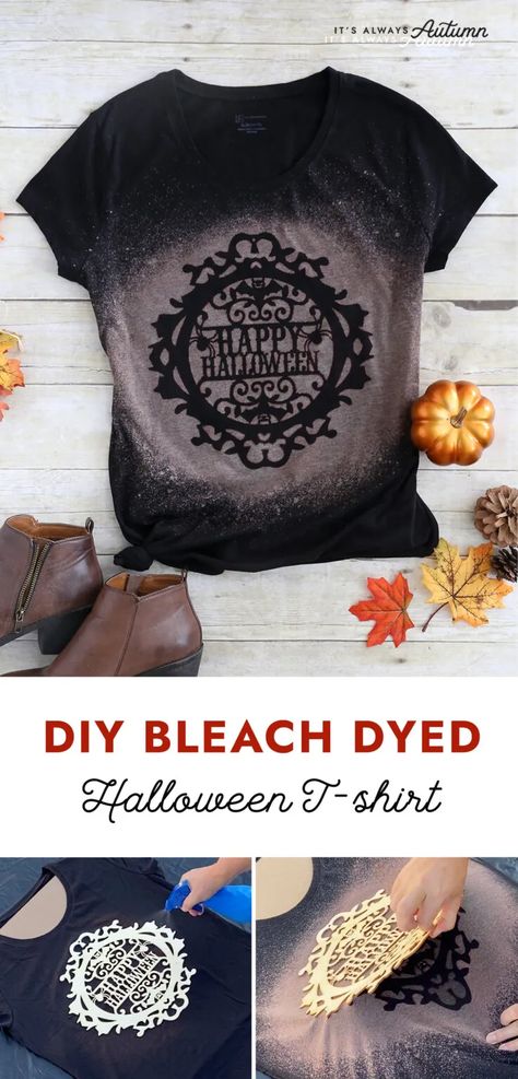 DIY bleach dyed halloween t-shirt Halloween Diy Shirt Ideas, Diy Halloween Tshirts Bleach, Bleach Spray Shirt Diy Stencils, Bleach Tie Dye Halloween Shirts, Bleach Halloween Shirt Diy, Spray Bleach Shirt Diy, Halloween Bleach Shirt Ideas, Halloween Diy Shirts, Diy Bleached Shirt