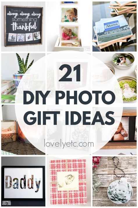 These 21 DIY photo gifts include photo magnets, DIY photo canvases, photo displays, and all kinds of other creative photo gifts for everyone on your list. Find easy, meaningful photo gift ideas for even the most difficult people to buy presents for. Photo Memory Ideas Gift, Diy Christmas Photo Gift Ideas, Ideas With Photos Gift, Cricut Memorial Projects With Photo, Cricut Photography Projects, Framed Photo Gift Ideas, Giving Photos As Gifts, How To Make A Photo Collage On Canvas, Gift Ideas With Photos Diy Projects