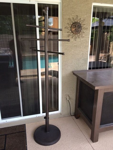 Our new swanky poolside towel tree rack thing Pool Towel Rack Diy, Poolside Towel Rack, Pvc Towel Rack, Poolside Ideas, Pool Towel Storage, Outdoor Towel Rack, Pool Organization, Pool Towel Holders, Walk Ideas