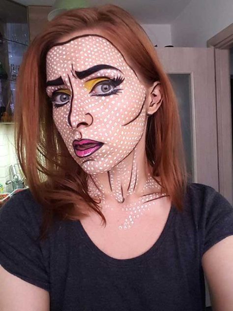 Makeup Explained, Comic Book Halloween, Comic Book Makeup, Comic Makeup, Pop Art Costume, Comic Book Pop Art, Cartoon Makeup, Pop Art Makeup, Theatre Makeup