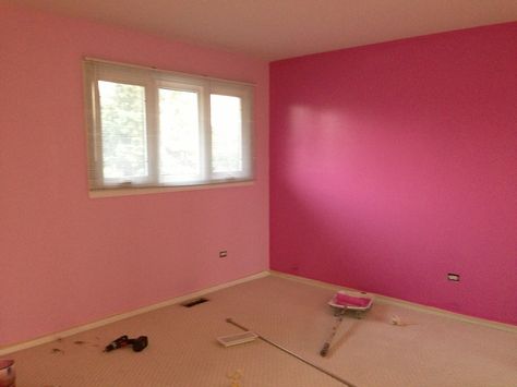 Sherwin Williams Merry Pink with Ice Plant accent wall Pink Room With Black Accent Wall, Pink Paints For Walls, Pink Room Walls, Pink Wall Painting Ideas, Plant Accent Wall, Pink Wall Design, Pink Accent Wall Bedroom, Pink Wall Color, Pink Wall Paint