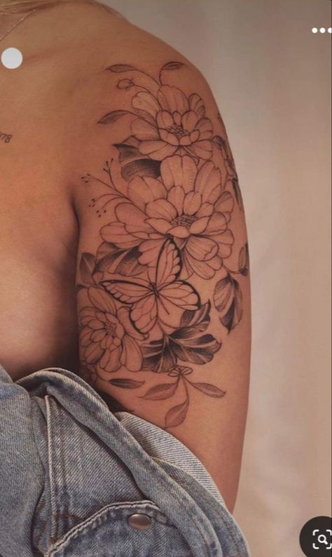 Magnolia Tattoo On Shoulder, Upper Arm Feminine Tattoos, Womens Shoulder Cap Tattoo Ideas, Arm Tattoo Plus Size Women, Motherhood Sleeve Tattoo, Outer Shoulder Tattoo, Big Tattoo Ideas Female, Women’s Arm Tattoos, Unique Upper Arm Tattoos For Women