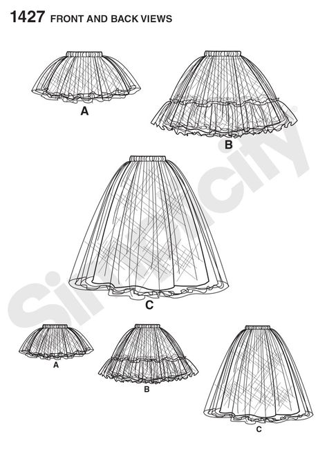 Simplicity 1427 Misses' Tulle Skirt in Three Lengths Line Drawing Tulle Skirt Pattern, Skirt Drawing, Baby Tutu Outfits, Diy Tulle Skirt, Girls Tulle Skirt, Gonna In Tulle, Tulle Skirts, Fashion Design Sketchbook, Trendy Sewing