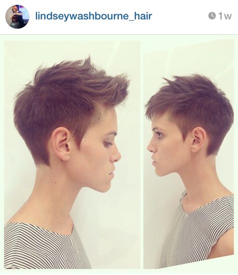 Cute faux hawk by Lindsey Growing Out A Faux Hawk, Edgy Pixie Hairstyles Shaved Sides, Lesbian Faux Hawk, Women Faux Hawk Short Haircuts, Short Pixie Hairstyles For Thick Hair, Womens Faux Hawk Pixie, Fo Hawk For Women, Pixie Hawk Haircut, Pixie Faux Hawk Feminine