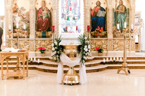 Baptism styled and planned at St. George Greek Orthodox Church, Fresno Ca Greek Orthodox Baptism, Greek Orthodox Church, Orthodox Church, Greek Orthodox, St George, Bulgaria, Chloe, Table Decorations, Flowers