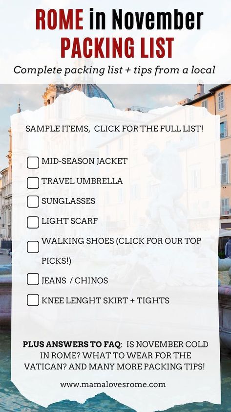 Full packing list for Rome in November and answer to questions such is November cold in Rome? How to dress in Rome in November, what to wear to visit the Vatican? Find out what to pack for Rome in November with this packing list by a local! November In Rome Outfits, What To Pack For Italy In November, What To Wear In Rome In November, What To Wear In Italy In November, Rome In November Outfits, Packing List For Italy, Rome In November, Rome November, Rome Packing List