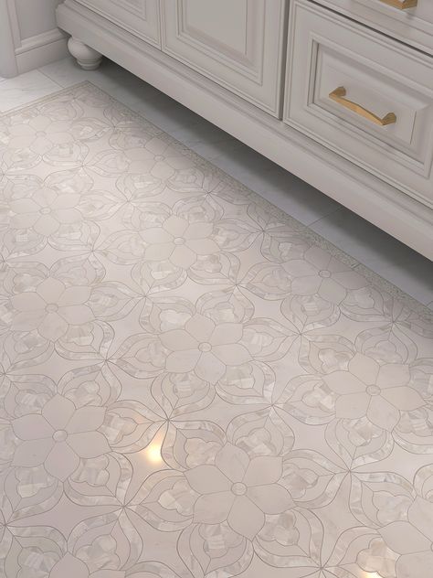 Mother Of Pearl Flooring, Mother Of Pearl Bathroom, Farmhouse Tiles, Marble Inlay Floor, Mother Of Pearl Tile, Floor Inspiration, Pearl House, Marble Mosaic Floor, Waterjet Mosaic Tile