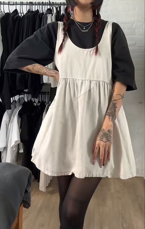 Layered Babydoll Dress, Maxi Dress Outfit Layered, Babydoll Dress Outfit Fall, Lace Shirt Under Dress, Dress Layered With Shirt, Edgy Modest Outfits, Tshirt Under Dress Outfit, Simple Ren Faire Outfit, Bookstore Aesthetic Outfit