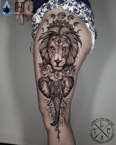 Lion and elephant thigh piece Insta: @leigh_tattoos Fb: leighstca For all bookings an enquiries contact me directly at my Fb page: leighstca @heliostattoo - 10% off discount code: Leigh10 @h2oceanloyalty . . . #goldcoast #tattoo #tattoos #tat #inspirationtattoo #tattooist #tattooartist #tattooart #ink #inked #tattooedgirls #tattooedguys #inkgeeks #follow #followme #bestoftheday #greywash #superbtattoos #heliostattoo #sullenclothing #radtattoos #blxckink #Loyalty4Life #H2Ocean #liontattoo #elepha Unique Animal Tattoos, Lion And Elephant, Elephant Thigh Tattoo, Tattoos Thigh, Elephant Tattoo Meaning, Animal Tattoos For Women, Vogel Tattoo, Lioness Tattoo, Lion Tattoo Sleeves