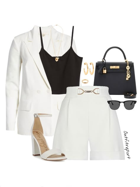 White Heel Outfit, White Block Heels Outfit, Outfits With White Heels, Black White And Gold Outfit, Black White Gold Outfit, Outfit Ideas With Heels, Gold Heels Outfit, Polyvore Outfits Casual, Hermes Outfit