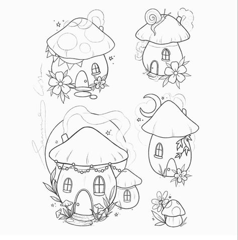 Mushrooms And Snails Drawing, Gnome House Tattoo, Gnome Home Drawing, How To Draw A Fairy House, Mushroom Fairy House Tattoo, Fairy Garden Drawing Ideas, Toadstool House, Magical Doodles, Mushroom Home Drawing