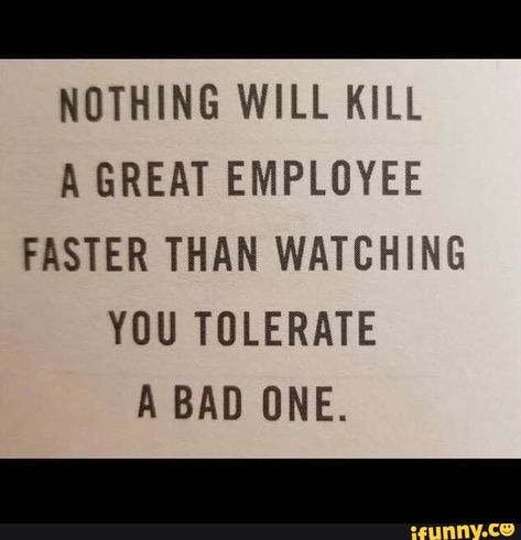 NOTHING WILL KILL A GREAT EMPLOYEE FASTER THAN WATCHING YOU TOLERATE A BAD ONE. - iFunny :) Work Environment Quotes, Leadership Quotes Work, Employee Quotes, People Change Quotes, Good Leadership Quotes, Environment Quotes, Workplace Quotes, Leadership Quotes Inspirational, Job Quotes