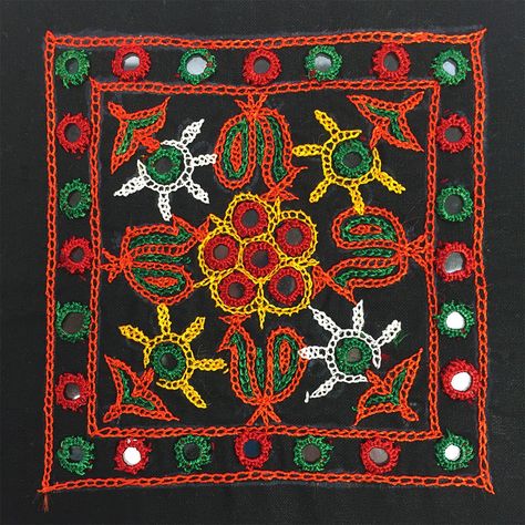 Mirror work embroidery with floral design from Rabari Tribe, Kutch. by… Gujarati Embroidery Motifs, Rabari Embroidery Motifs, Kutch Embroidery Motifs Mirror Work, Kutch Embroidery Motifs Traditional, Mirror Work Motif, Rajasthan Embroidery, Abla Work, Rabari Embroidery, Liquid Embroidery