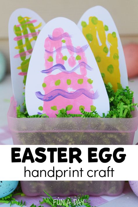 If your students love painting with their hands, they'll love this Easter egg handprint craft! You don't need much to make it, and the kids can really get creative. Use the Easter handprints for decorations or cards! Click on the Fun-A-Day.com link for more information. Easter Activities For Preschool, Easter Craft Activities, Preschool Craft Activities, Easter Lessons, Easter Crafts For Toddlers, Easter Paintings, Easter Egg Art, Baby Art Projects, Easter Preschool