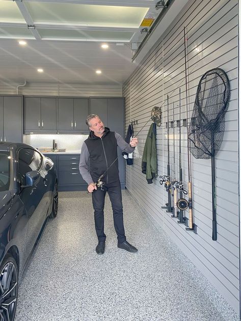 Three Car Garage Storage Ideas, Garage Slatwall Ideas, Nice Garage Interior, Paneling In Garage, Garage Golf Storage Ideas, Garage Stairs Ideas, Small Garage Interior, Modern Farmhouse Garage Interior, Garage Storage Design