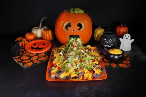 Halloween Nachos - Fresh Express Halloween Nachos, Halloween Fruit Treats, Halloween Taco Dip, Pumpkin Snack, Blue Corn Tortillas, Halloween Party Food, Halloween Fruit, Chipped Beef, Turkey Platter