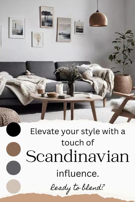 Ready to elevate your style? Add a touch of Scandinavian influence to your living room. Embrace the soothing Scandinavian color palette and create a space that harmoniously blends aesthetics with functionality. With clean lines and a serene ambiance, you'll have a Scandinavian style living room that's both inviting and timeless. Gray Sofa Scandinavian Living Room, Grey White Color Palette Living Room, Scandi Grey Living Room, Grey And Pine Living Room, Scandinavian Colour Palette Inspiration, Scandi Living Room Grey Sofa, Grey Interior Color Palette, Charcoal And White Living Room, Scandinavian Interior Paint Colors