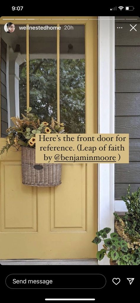 Boho Front Door Paint Colors, Yellow Front Door Tan House, Yellow French Doors, Exterior Door And Shutter Color Ideas, Butter Yellow Front Door, Leap Of Faith Benjamin Moore Front Door, Leap Of Faith Paint Color, Light Yellow Front Door, Cottage Door Colors