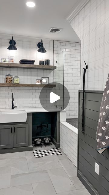 Erica Soutar on Instagram: "Dog room 🐾  This room was the most fun to design. Shiplap walls with wallpaper, a full size dog shower, hooks for their leashes/towels and a pot filler for their water bowls!  . . . #dogroom #dogshower #dogshowers #doggielove #westandwillow #potfiller #germanshepherd" Walk In Dog Shower Ideas, Laundry Dog Room, Large Dog Wash Station, Dog Feeding Station With Pot Filler, Laundry Room With Dog Washing Station, Dog Shower Ideas, Laundry Room Dog Space, Custom Dog Wash Station, Laundry Room With Pet Bath