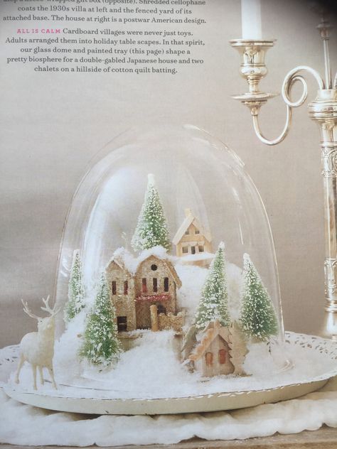 cardboard village under glass dome martha stewart living december 2005 Cardboard Village, Glass Dome Cloche, Cloche Domes, Christmas Globes, Martha Stewart Living, Christmas Arrangements, The Bell Jar, Glass Dome, Christmas Crafts Diy