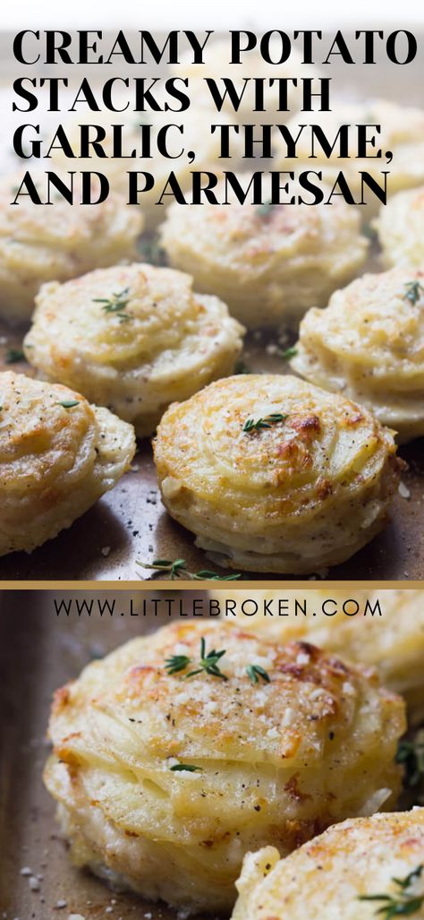 Creamy potato stacks made in a muffin pan with thyme infused cream. It's a crowd favorite side dish! #potatostacks #scallopedpotatostacks #potatosidedish #potatorecipe Potatoes In Muffin Pan, Potato Stacks Recipes, Parmesan Potato Stacks, Potato Stacks, Raspberry Cookies, Potato Sides, Creamy Potato, Potato Side Dishes, Veggie Side Dishes