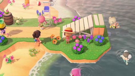 Acnh Sitting Area, Acnh Areas, Acnh Beach, Flower Stall, Stall Designs, Beach Ideas, Into The Water, New Animal Crossing, Island Ideas