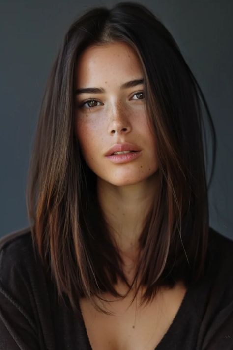 31 Best Brunette Summer Hair Color Ideas To Try Long Bob Haircuts Dark Brown, Haircut Brunette Medium, Sleek Brunette Hair, Asian Long Bob, Dark Brown Hair Straight, Hairstyles 2024 Women, Short Straight Hairstyles For Women, Brown Haircut Ideas, Medium Length Dark Hair