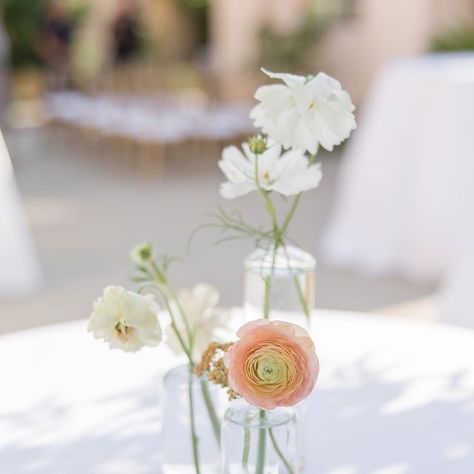 Rikki | California Florist on Instagram: "Bud vases — a petite vase filled with a few buds. These unsung heroes have become more popular for my brides in 2023. Whether it’s dressing up a cocktail table or an 8’ farmhouse guest table, a clustering of bud vases can be an alternative to a traditional centerpiece. Bud vases can help transform a space to modern, elegant or whimsical, wildflower. Ask your florist what they recommend + how many you’ll need per table. We’d love to help 🤗 Planning Low Vase Centerpieces, London Flowers, Bud Vases Wedding, Highboy Table, Neutral Wedding Flowers, Guest Table, Reception Centerpieces, Wedding Vases, Neutral Wedding